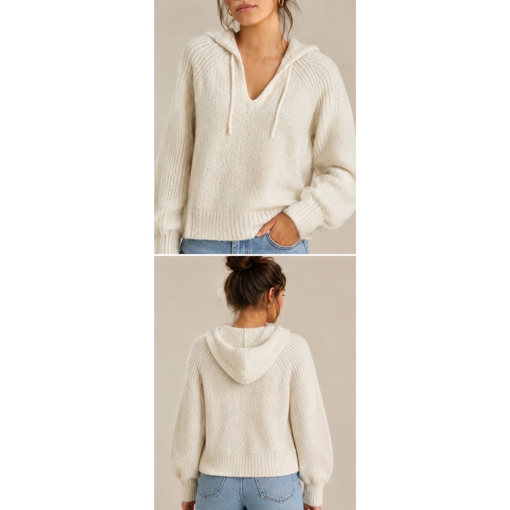 SO Cream Chenille Knit Hoodie Balloon Sleeve V-Neck Pullover Sweater M